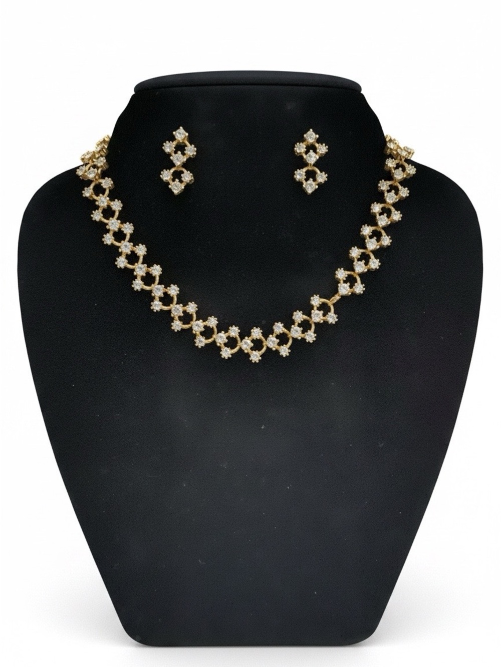 Elegant Gold-Tone Geometric Link Necklace & CZ Drop Earrings Set